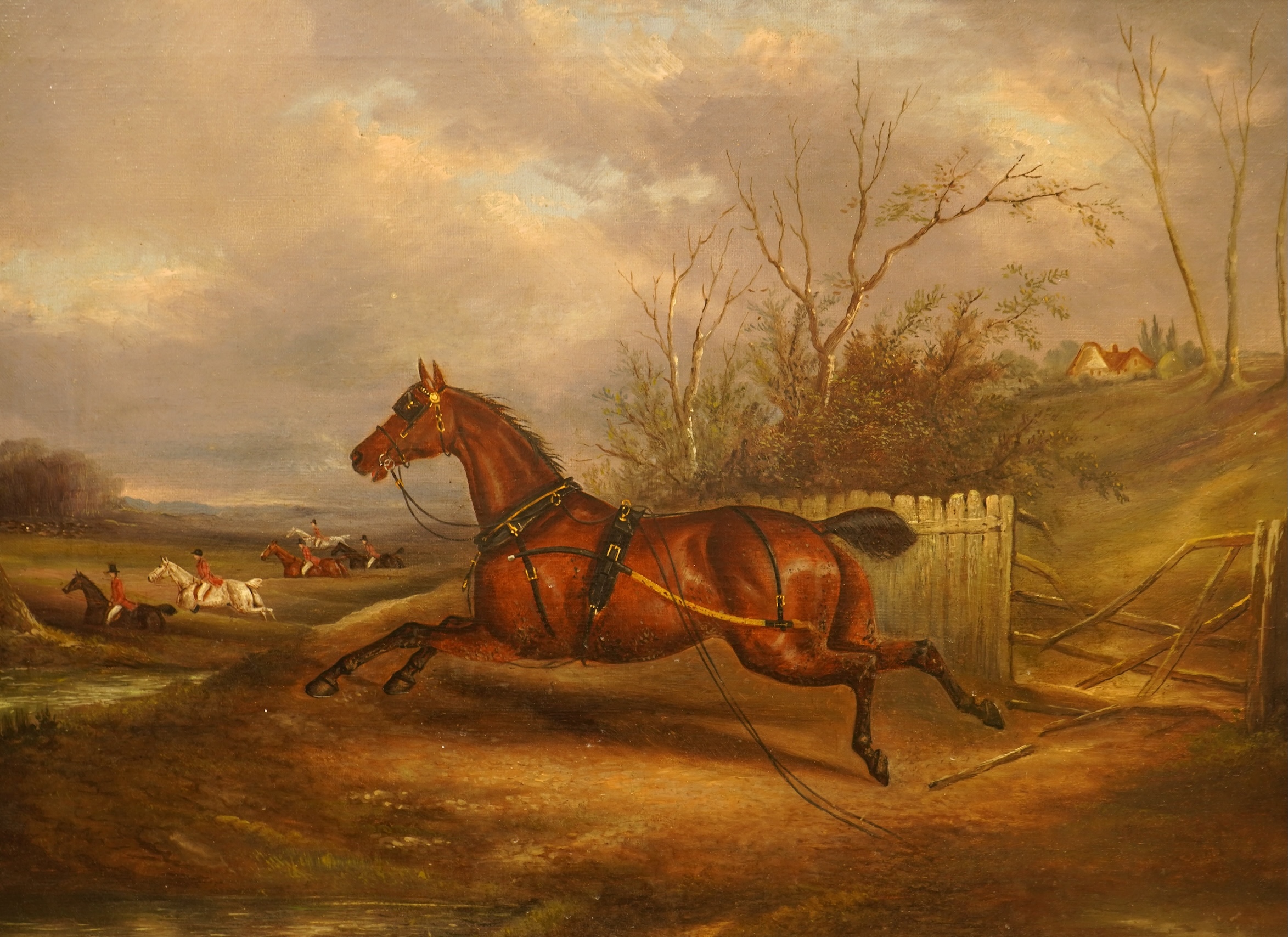 English School, late 19th century, Hunting scene with unseated horse, oil on canvas, unsigned, 43 x 59cm, maple frame